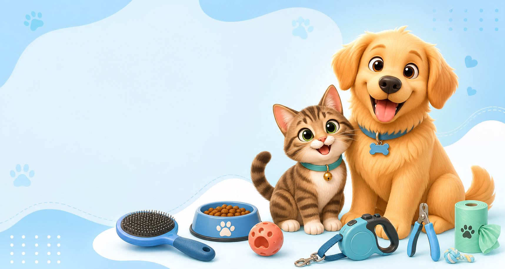 Cute cartoon dog and cat with pet supplies