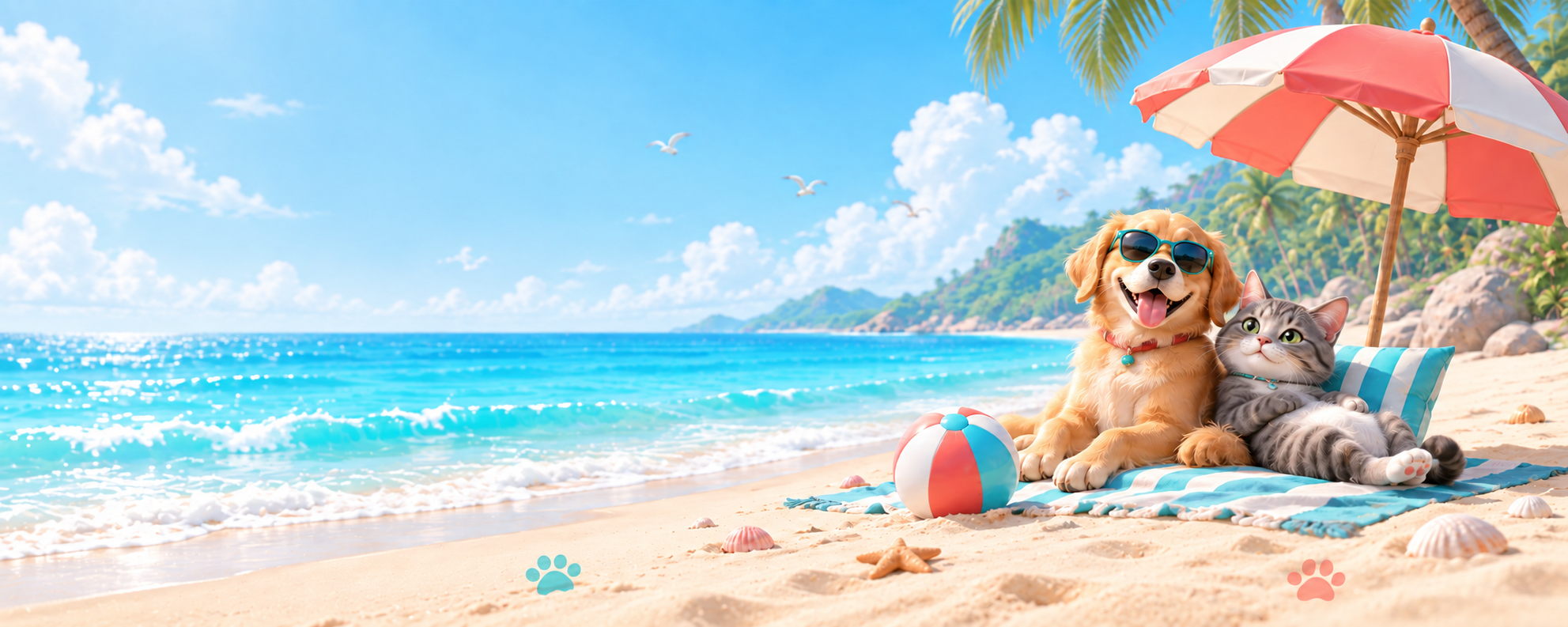 Golden retriever and tabby cat sitting on a sunny beach