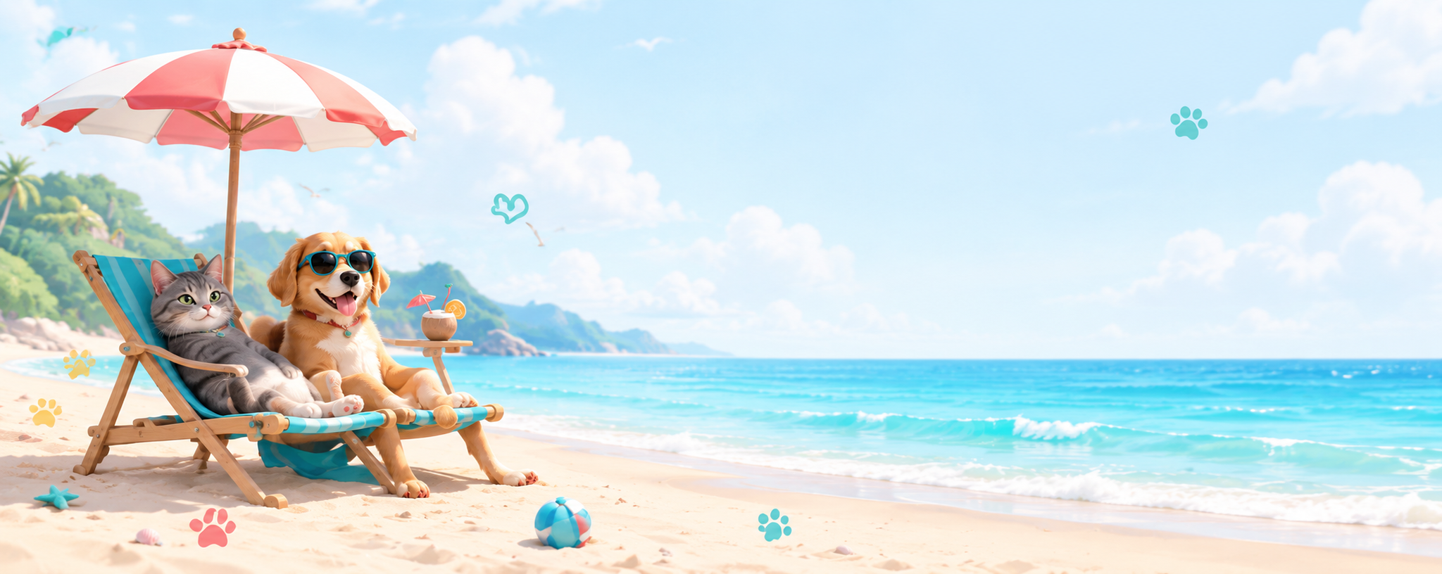 A tabby cat and golden retriever relaxing in beach chairs beneath a pink-and-white umbrella