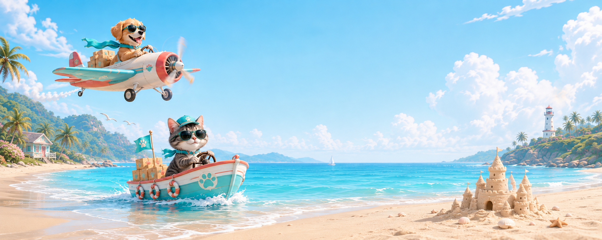 A dog piloting a small delivery plane and a cat steering a delivery boat on a bright tropical beach