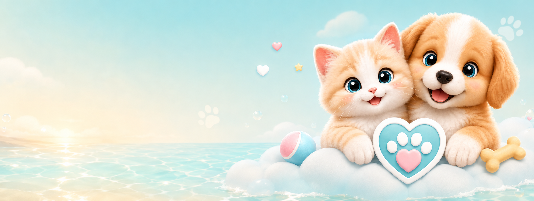 Cute plush-style kitten and puppy with a heart-shaped paw emblem